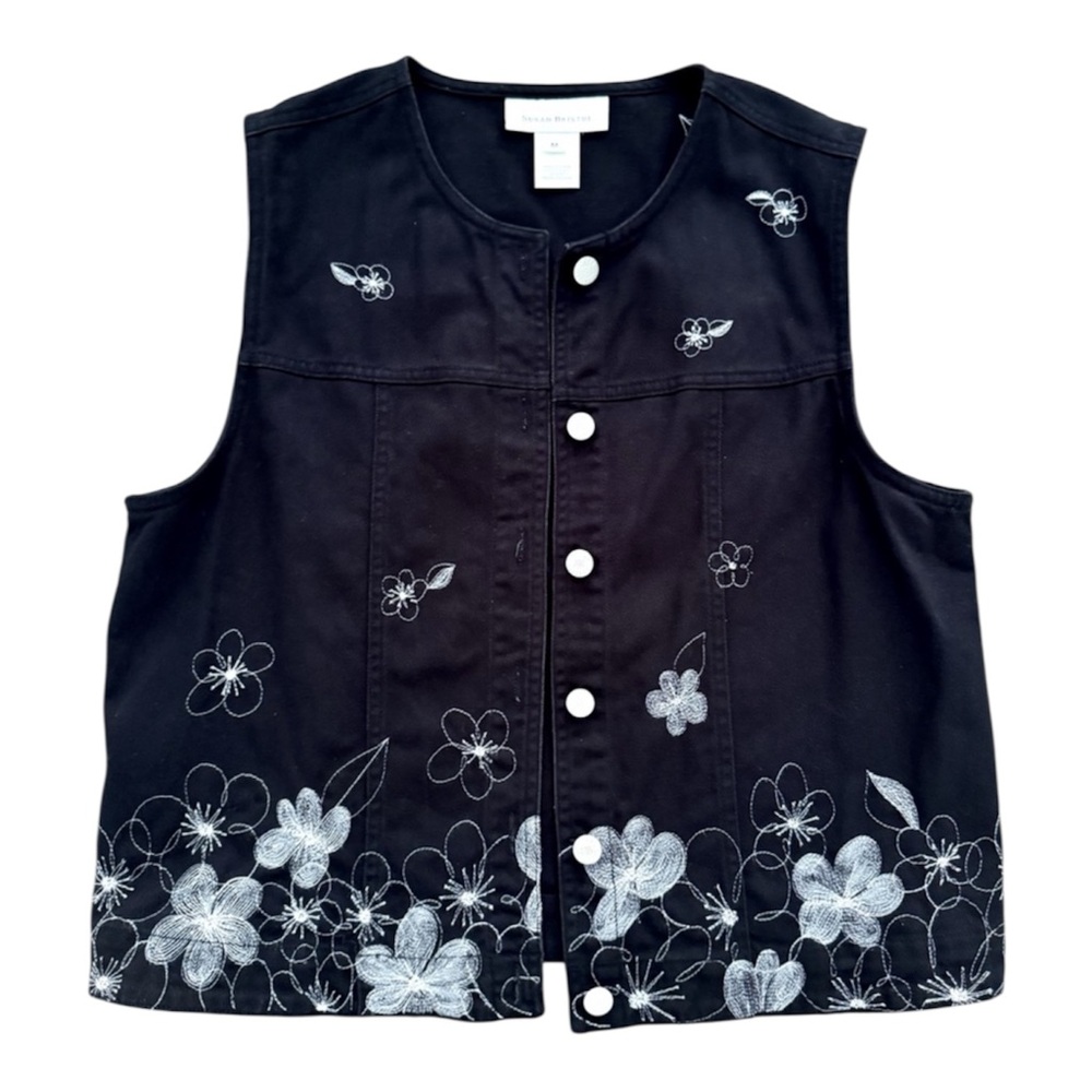 Susan Bristol Black Embroidered Button-Front Vest – Size Medium